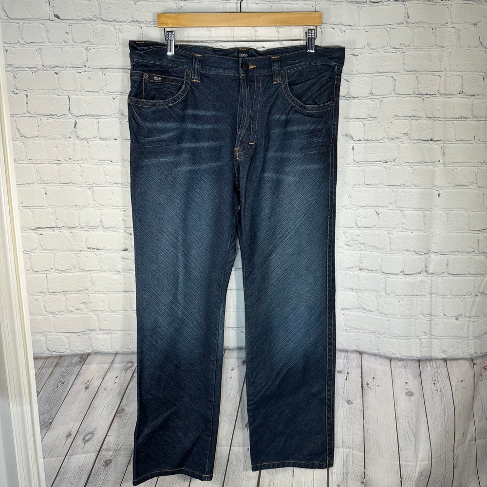Hugo Boss Mens Stretch Jeans Indigo Blue Crosshatch Straight Leg Denim 37 Waist